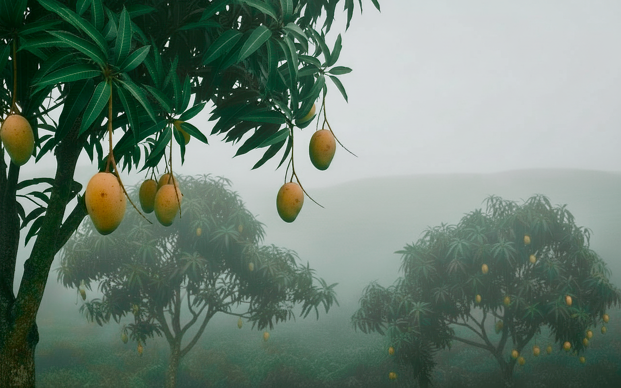 Mangobäume im Nebel mit reifen Früchten